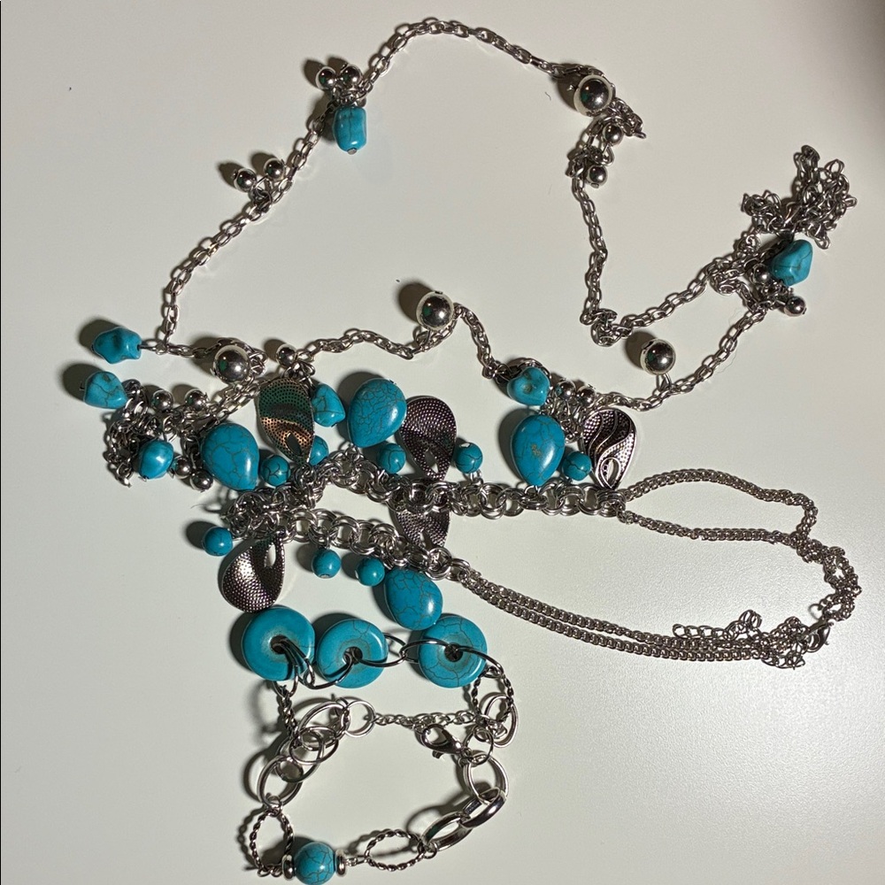 Silver and Turquoise Jewelry Set (contains 2 necklaces and 1 bracelet)